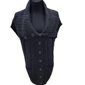 Kenji Medium Black Cable Knit Button Up Short Sleeve Sweater Y2K Cottagecore